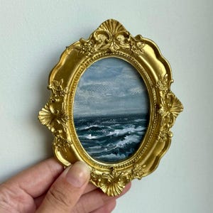Moody Ocean Painting Original Framed Antique Seascape Oil Painting Vintage Style Landscape Art Small Gold Frame Oval Painting Miniatures