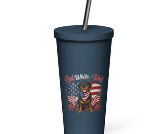 Rottweiler "Red, White & Woof" Thermobecher mit Strohhalm - 20oz