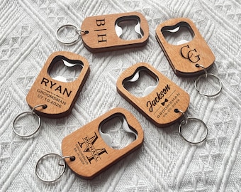 Personalized Wooden Bottle Opener Keychain, Engraved Groomsman Gift, Wedding Favor, Birthday Gift for Dad