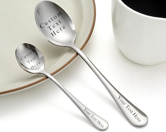 Cuchara de acero inoxidable grabada personalizada, texto o logotipo personalizado, cuchara de postre y café, regalo de cumpleaños o boda.