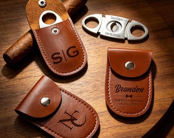 Personalized Engraved Cigar Cutter with Leather Case, Father's Day Gift For Dad, Groomsmen Best Man Wedding Custom Cigar Gift