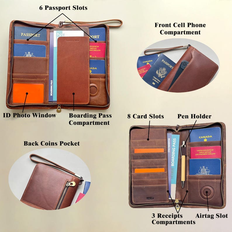 May include: A brown leather travel wallet with multiple compartments. Features include six passport slots, eight card slots, a boarding pass compartment, and a front cell phone compartment. Also has an ID photo window, a back coins pocket, a pen holder, and an Airtag slot.