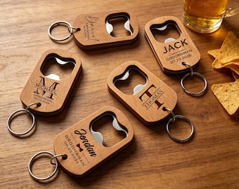 Personalized Wooden Groomsman Bottle Opener Keychain, Custom Wedding Gift, Engraved Party Favor