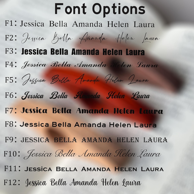 May include: Image displaying font options, with the text "Font Options" at the top. Below, twelve font styles are shown, each labeled F1 through F12, with the names "Jessica Bella Amanda Helen Laura" in various font styles.