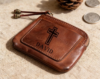 Bolsita de rosario de cuero personalizada, monedero personalizado, regalo de confirmación para católicos.