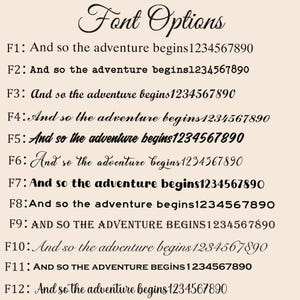 May include: A beige background displays "Font Options" in elegant script above 12 font samples. Each sample shows "And so the adventure begins1234567890" in a different font style, with corresponding labels F1 through F12.