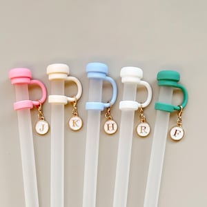 May include: Five reusable clear straws with colorful toppers in pink, cream, light blue, white, and green. Each straw has a matching topper with a gold charm featuring a letter. The letters are J, K, H, R, and F.