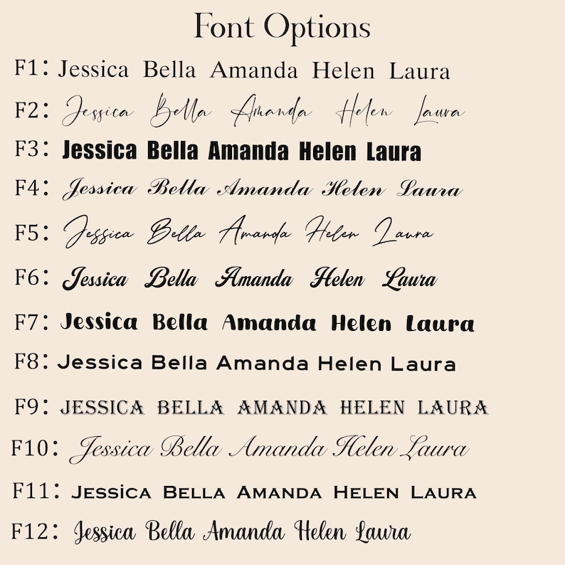 Puede incluir: Un fondo beige muestra opciones de fuente. El texto "Font Options" est&aacute; en la parte superior. Se muestran doce estilos de fuente diferentes, cada uno con los nombres "Jessica Bella Amanda Helen Laura".