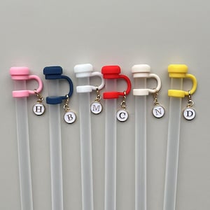 May include: A collection of six clear plastic straws with colorful silicone toppers in pink, navy blue, white, red, cream, and yellow. Each topper has a gold-colored charm with a letter. The straws are designed for reusable use.