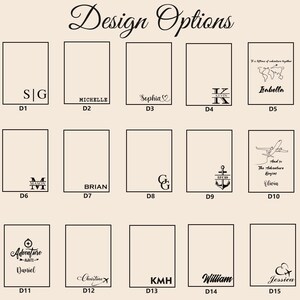 May include: A display of design options featuring various personalized text and graphic elements. The options include names, initials, and travel-themed illustrations, such as an airplane and a world map. The text "Design Options" is at the top.
