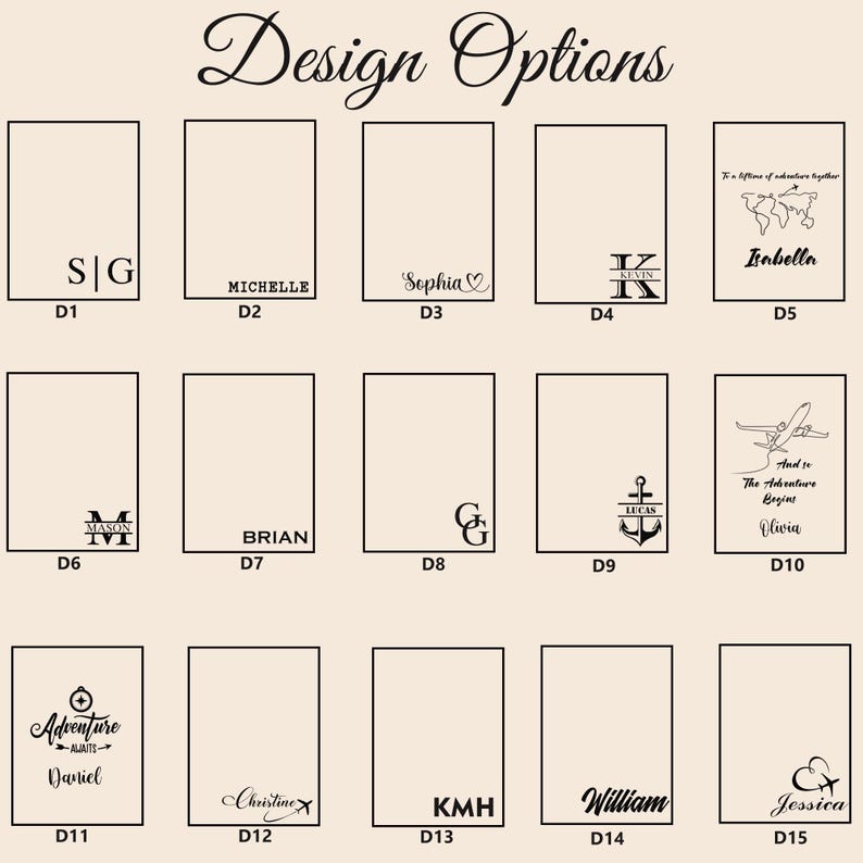May include: A display of design options featuring various personalized text and graphic elements. The options include names, initials, and travel-themed illustrations, such as an airplane and a world map. The text "Design Options" is at the top.