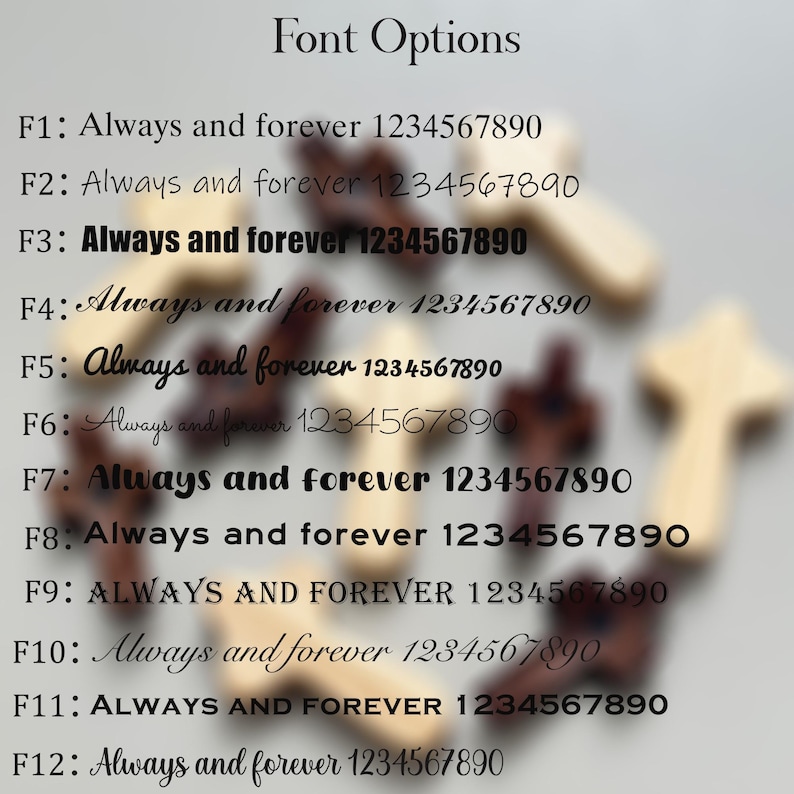 May include: Image showcasing font options for text, featuring the phrase "Always and forever 1234567890" in various styles. The text is displayed in black against a blurred background with cross-shaped objects.