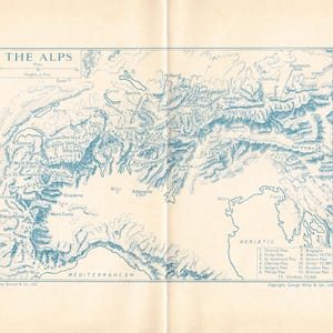 May include: Vintage map of the Alps, featuring a detailed topographical illustration in blue ink. The map includes geographical features, mountain ranges, and the Adriatic and Mediterranean seas. The title "THE ALPS" is at the top.