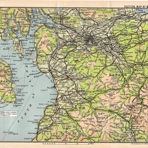 May include: A vintage topographical map titled Section Map No. 9, depicting the Firth of Clyde, Glasgow, and surrounding regions in Scotland. The map features green, tan, and white colour-coded elevation zones, black railway lines, and place names.