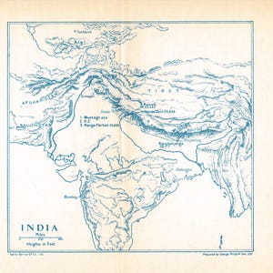 May include: A vintage map of India and surrounding regions, printed in blue ink on a cream background. The map details geographical features, cities, and mountain ranges, with English text labels. The scale is shown in miles and feet.