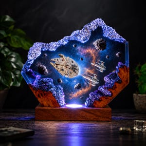 Op de afbeelding: Een decoratieve harslamp met een ruimtescène met de Millennium Falcon en twee X-wing starfighters omringd door asteroïden. Het stuk is geplaatst in een blauwe en oranje nevelachtergrond met getextureerde, kristallijne randen op een houten voet.