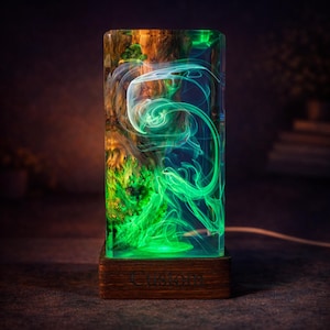 Groene rookharslamp – abstract epoxy ledlicht, esthetische sfeerlamp, modern rechthoekig nachtlampje