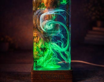 Grüne Rauch-Harz-Lampe - abstraktes Epoxy LED-Licht, ästhetische Ambient-Stimmungslampe, modernes rechteckiges Nachtlichtdekor