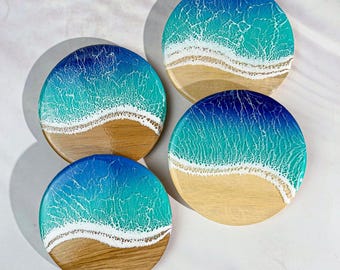 Ocean Resin Coasters Set – Beach Wave Epoxy Coasters, Coastal Drinkware, Nautical Home Decor, Handmade Gift for Beach Lovers