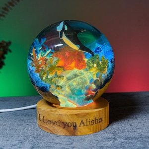 Orca Whale Resin Globe Lamp | Personalized Ocean LED Light with Coral Reef | Handmade Night Light Gift for Whale Lovers
