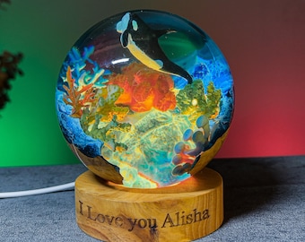 Orca Whale Resin Globe Lamp | Personalized Ocean LED Light with Coral Reef | Handmade Night Light Gift for Whale Lovers