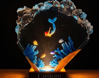 Mermaid Resin Lamp, Ocean Wave Night Light with Coral Reef, Fantasy Underwater Decor, LED Epoxy Lamp, Unique Gift for Her