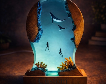 Ocean Resin Headphone Stand – Whale & Diver LED Headset Holder, Gamer Desk Setup Decor, Unique Gift for Him