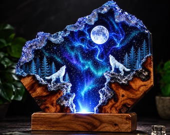 Wolf Resin Lamp, Full Moon Night Light, Aurora Forest Epoxy Wood Art, Howling Pair Decor, Wildlife Gift, Handmade Mystical Desk Display Gift