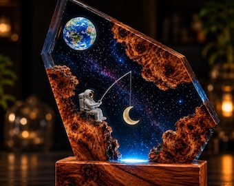 Luminária espacial personalizada em resina, luz noturna de astronauta, decoração de galáxia lunar, arte em madeira e resina epóxi, presente para amantes da astronomia, enfeite cósmico para mesa de quarto.