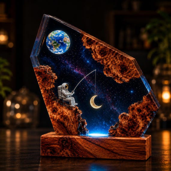 Hand-poured epoxy resin lamp with a suspended astronaut figure inside a glowing galaxy of swirling colors and wood — genuinely one-of-a-kind cosmic art that doubles as a night light.
