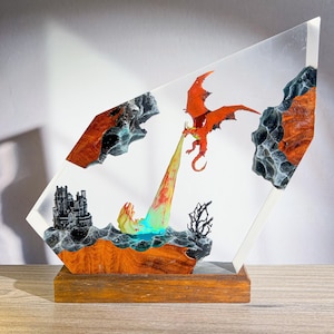 Red Dragon Resin Lamp – Handmade Epoxy Fantasy Lamp with Castle & Flames, Fire Dragon LED Light for Dungeon Decor or DnD Gift
