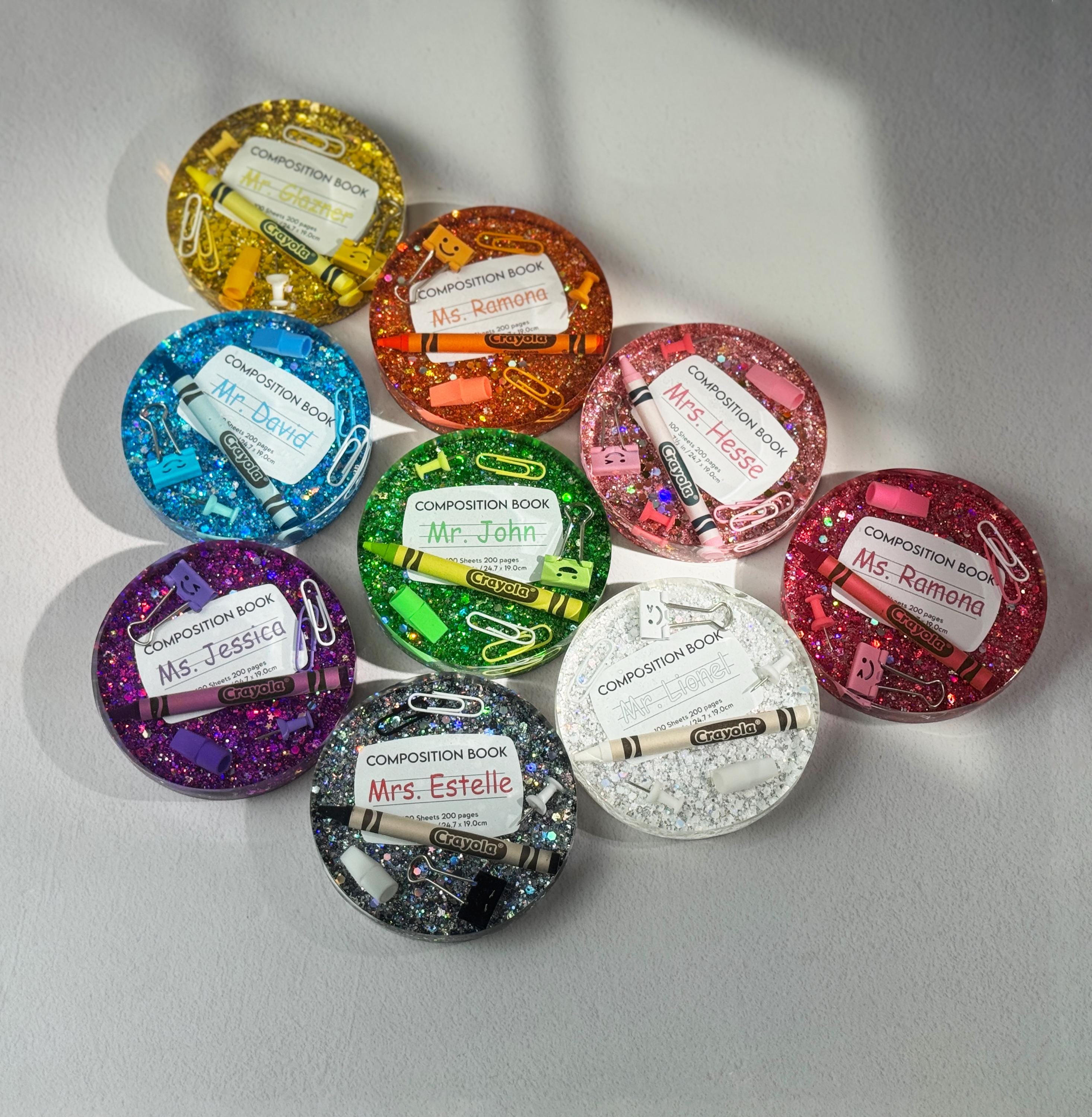 Custom Teacher Name Coaster – Glitter Crayola Resin Desk Gift, Personalized Back to School Gift, Cute Drink Holder for Teachers
