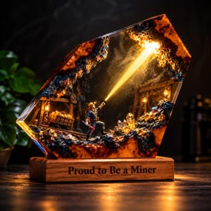 Peut inclure: Une lampe en résine représentant un mineur miniature tenant une lampe torche brillante dans une grotte rocheuse sombre. La scène inclut un wagonnet, des cristaux et des poutres en bois. Le socle en bois porte l'inscription, Proud to Be a Miner.