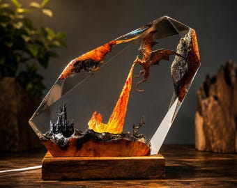 Lampada in resina a forma di drago di fuoco, luce notturna fantasy, decorazione per castello medievale, opera d'arte in legno epossidico, regalo per gamer gotici, complemento d'arredo mitologico fatto a mano per la camera da letto.