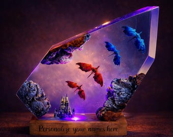 Lampada a forma di drago in resina, luce notturna a LED fantasy con scena di castello, decorazione per la stanza dei giocatori, regalo personalizzato per lui, lampada a forma di drago unica