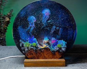 Glowing Jellyfish Resin Lamp – Personalized Round Ocean LED Light | Handmade Galaxy Night Light with Wood Base & Coral Reef Scene