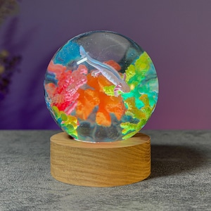 Axolotl Coral Reef Resin Lamp – Glowing Ocean Globe Light, Underwater Decor, Handmade Gift with LED & Wood Base