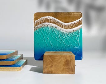 Meereswellen-Untersetzer-Set | Handgefertigte Holz & Epoxy Untersetzer | Strand Dekor Geschenk | Küsten Untersetzer Set