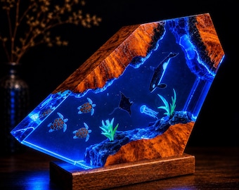 Orca Resin Lamp, Sea Turtle Night Light, Manta Ray Ocean Decor, Personalized Epoxy Diorama, Handmade Marine Art, Unique Coastal Gift for Him