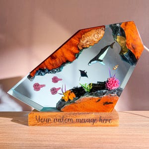 Orca Whale Ocean Resin Lamp with Custom Text | Handmade Epoxy Sea Life Light | LED Wood Base Night Light | Ocean Gift Decor