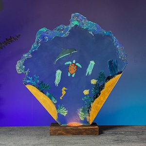 Ocean Wave Resin Lamp – 3D Dolphin & Turtle LED Night Light, Sea Life Decor, Handmade Underwater Light, Beach Lover Gift