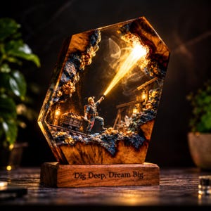 Peut inclure: Un diorama en résine et bois représentant un mineur miniature tenant une lumière vive dans une grotte avec un wagonnet et des supports en bois. La base en bois porte l'inscription gravée Dig Deep, Dream Big.