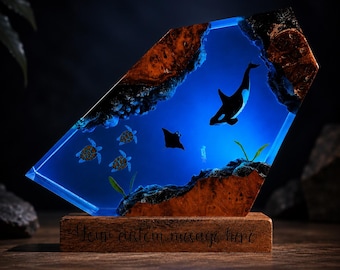 Ocean Resin Lamp, Orca Night Light, Sea Turtle Decor, Manta Ray Epoxy Art, Personalized Marine Gift, Handmade Underwater Wood Accent