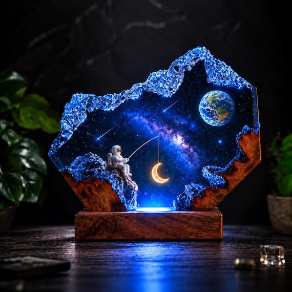 A hand-cast epoxy resin lamp with a galaxy, astronaut, and real wood base — the kind of glowing cosmic diorama you'd actually stop and stare at.