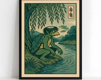 Kappa japanische Wandkunst, Ukiyo-e Flussgeist druckbare, Yokai Fabelwesen Poster, Japandi Zen Dekor, digitaler Download