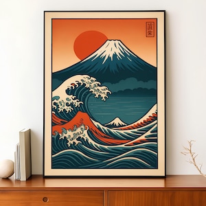Japanese Wave and Mt Fuji Poster Retro Seascape Artwork Sunrise Wall Print Minimal Landscape Ocean View Digital Download Home Decor
