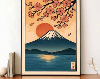May include: Framed art print featuring a Japanese landscape. The artwork depicts Mount Fuji with a setting sun, a lake, and cherry blossoms. The color palette includes shades of orange, blue, and pink. The print is in a black frame.