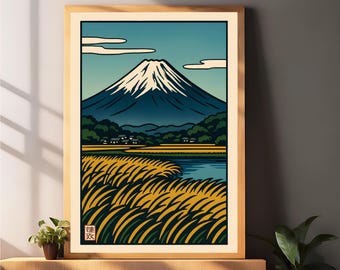 Póster de campo de arroz del Monte Fuji, paisaje japonés, arte de pared, impresión retro audaz, decoración de naturaleza rural, arte digital, descarga instantánea