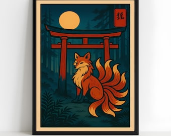 Japanse Kitsune muurkunst retro print, op Ukiyo-e geïnspireerde Fox Spirit, Japandi Boho decor, Torii Gate Forest poster, digitale download kunst