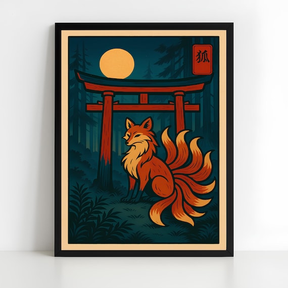 日本の狐のウォールアートレトロプリント、浮世絵風の狐の精霊